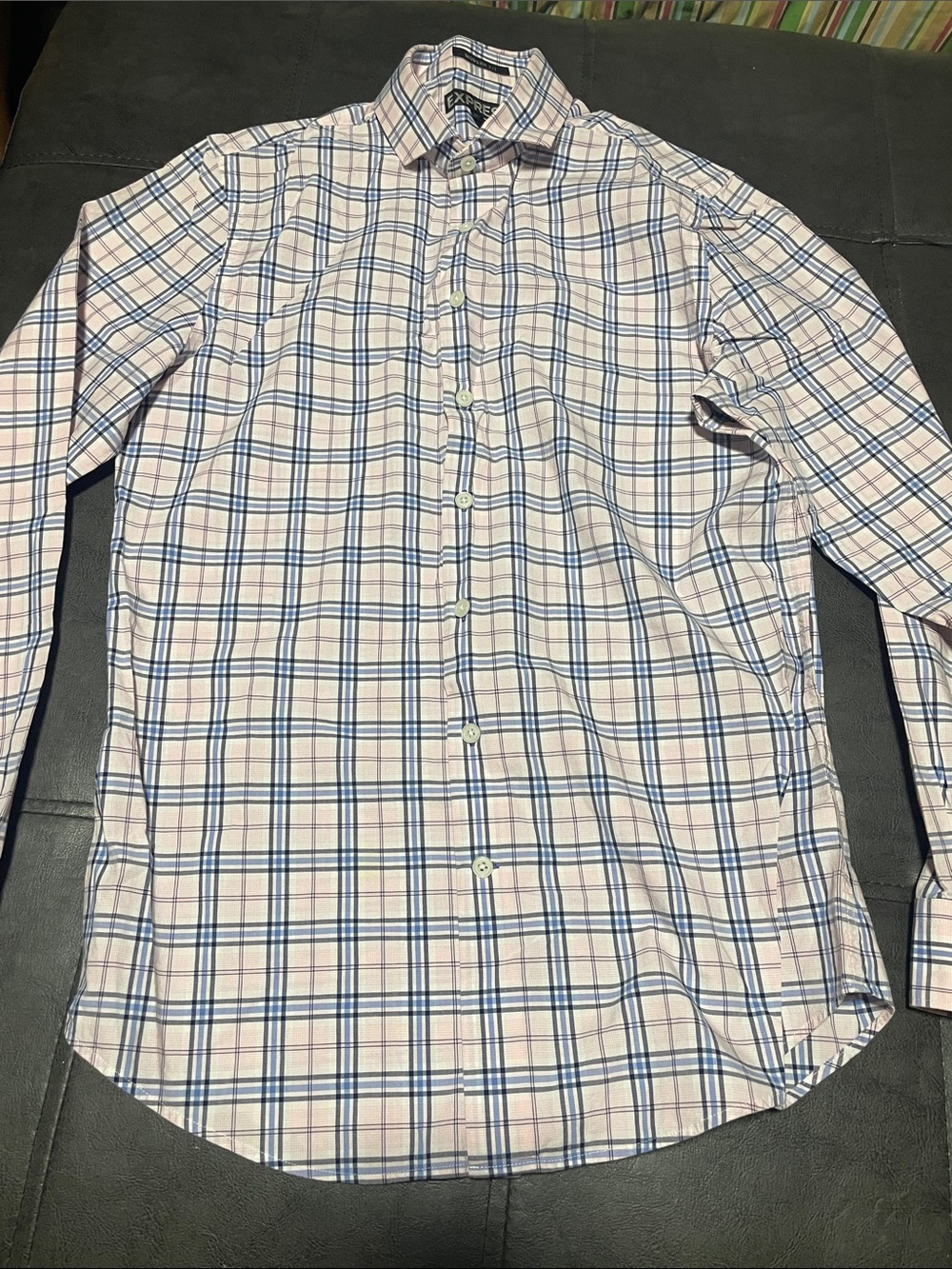 Express Men's Pink and Blue Plaid Dress Shirt
